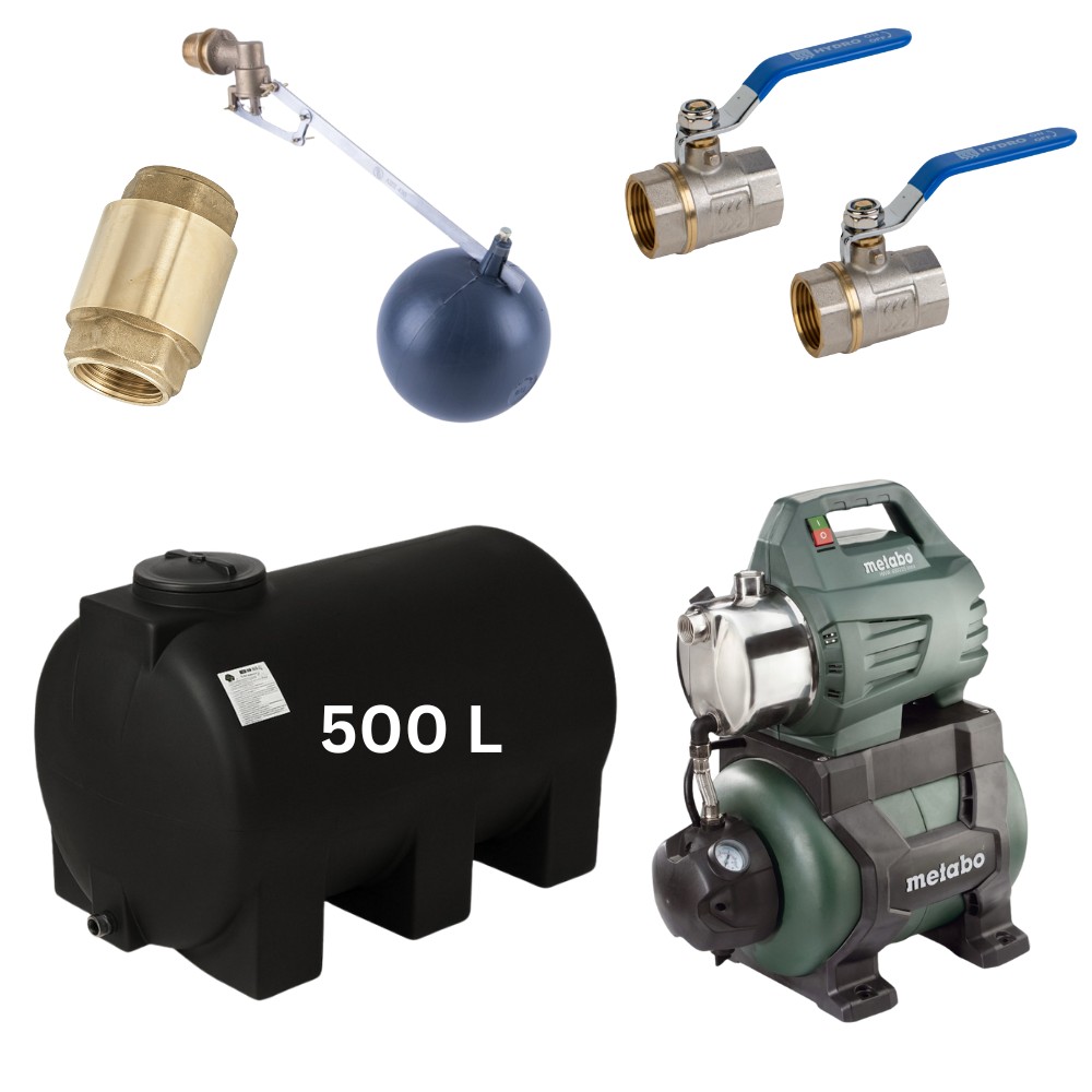 Kit „Acqua potabile 500L“ con serbatoio Mavil (nero, orizzontale) e pompa autoadescante Metabo | Serbatoi per acqua potabile |  |