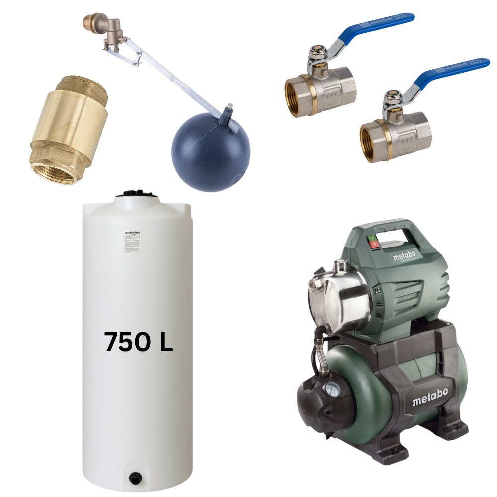 Kit „Acqua potabile 750L“ con serbatoio Mavil (bianco, cilindrico) e pompa autoadescante Metabo | Serbatoi per acqua potabile |  |