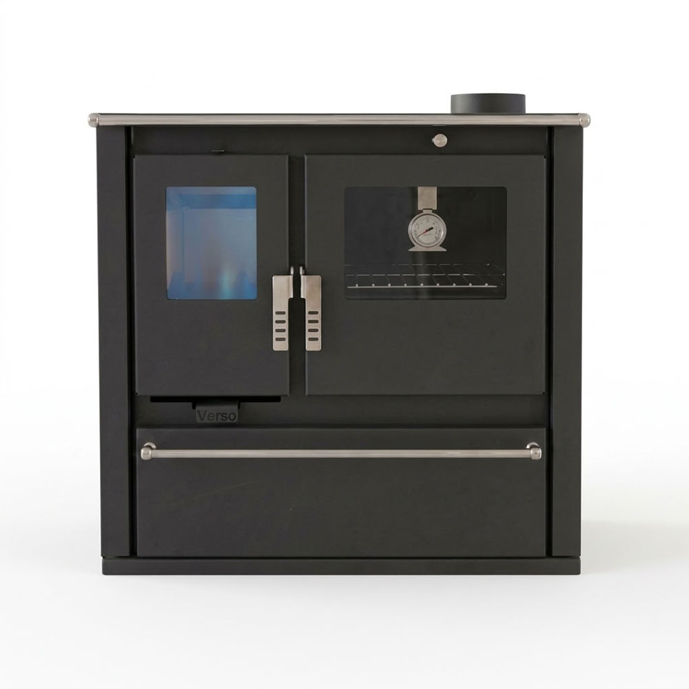 Cucina a Legna Verso CS Plus con forno in acciaio inox e piano cottura in vetroceramica, Nera, Destra, 7.7kW | Stufe a Legna con Forno | Stufe A Legna |