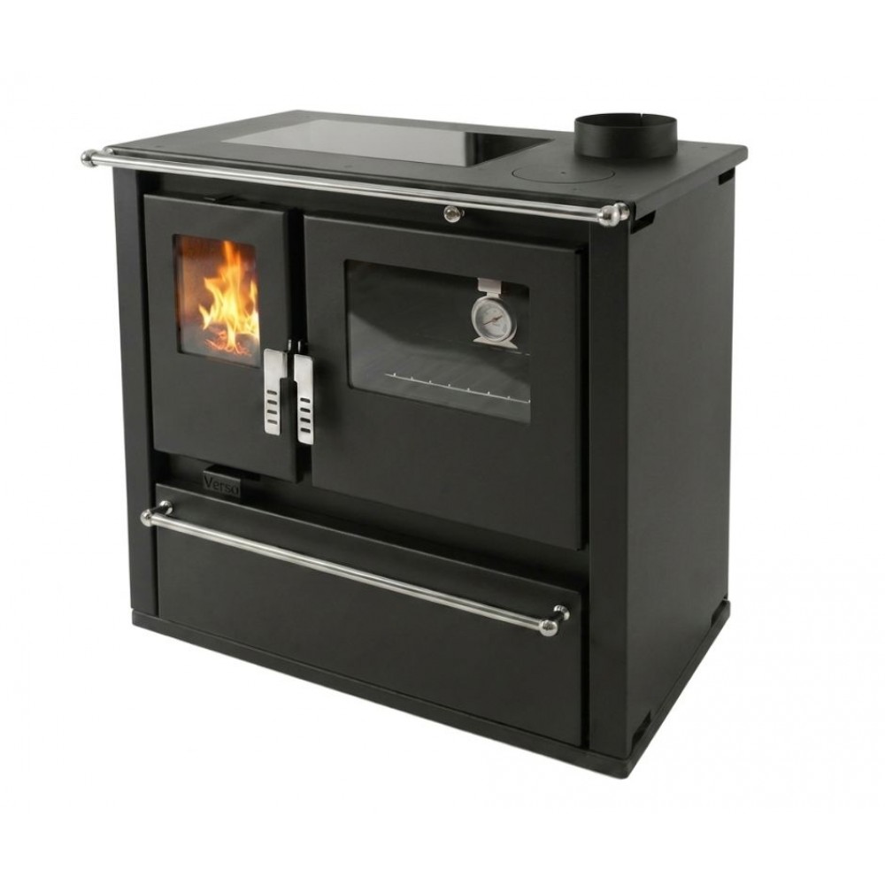 Cucina a Legna Verso CS Plus con forno in acciaio inox e piano cottura in vetroceramica, Nera, Destra, 7.7kW
