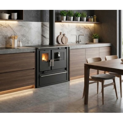 Cucina a Legna Verso CS Plus con forno in acciaio inox e piano cottura in vetroceramica, Nera, Destra, 7.7kW - Verso