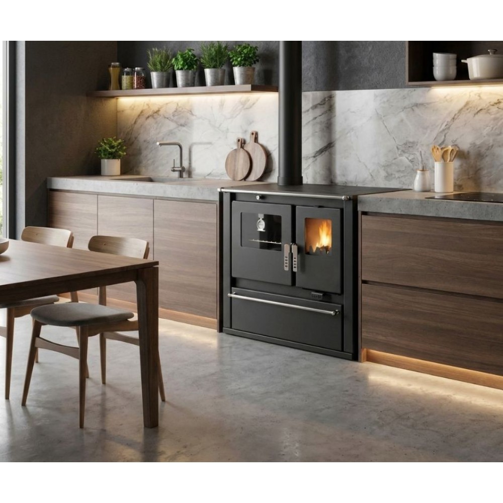 Cucina a Legna Verso CS Plus con forno in acciaio inox e piano cottura in acciaio, Nera, Sinistra, 7.7kW | Stufe a Legna con Forno | Stufe A Legna |