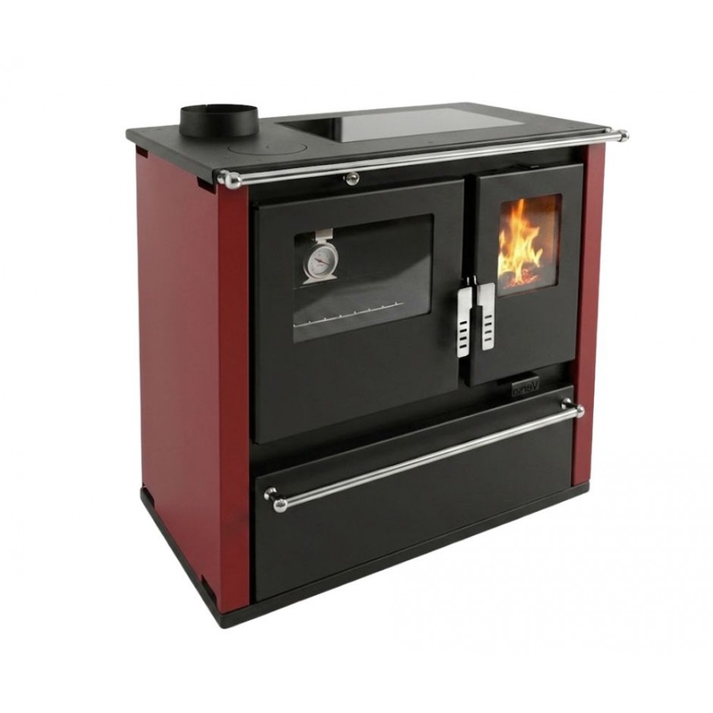Cucina a Legna Verso CS Plus con forno in acciaio inox e piano cottura in vetroceramica, Rossa, Sinistra, 7.7kW