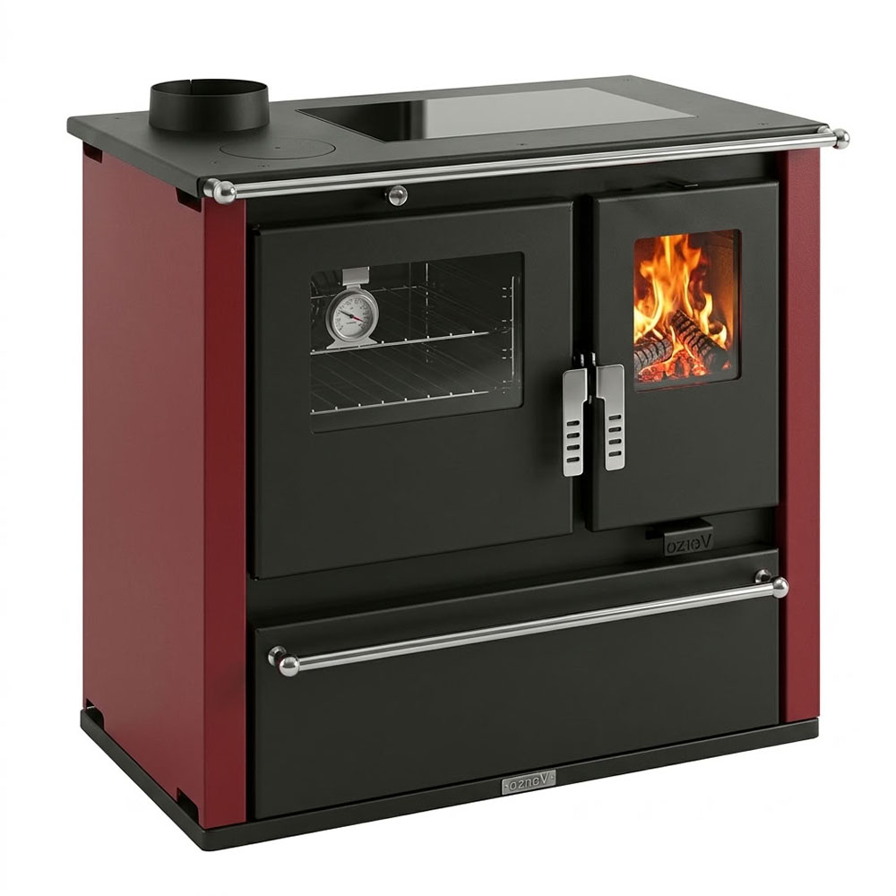 Cucina a Legna Verso CS Plus con forno in acciaio inox e piano cottura in vetroceramica, Rossa, Sinistra, 7.7kW | Stufe a Legna con Forno | Stufe A Legna |