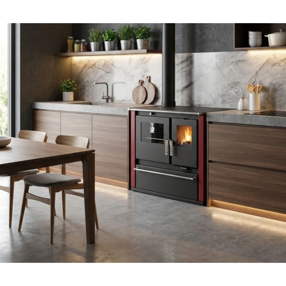 Cucina a Legna Verso CS Plus con forno in acciaio inox e piano cottura in acciaio, Rossa, Sinistra, 7.7kW | Stufe a Legna con Forno | Stufe A Legna |
