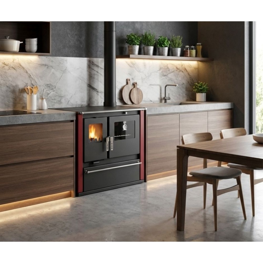 Cucina a Legna Verso CS Plus con forno e piano cottura in acciaio, Rossa, Destra, 7.7kW | Stufe a Legna con Forno | Stufe A Legna |