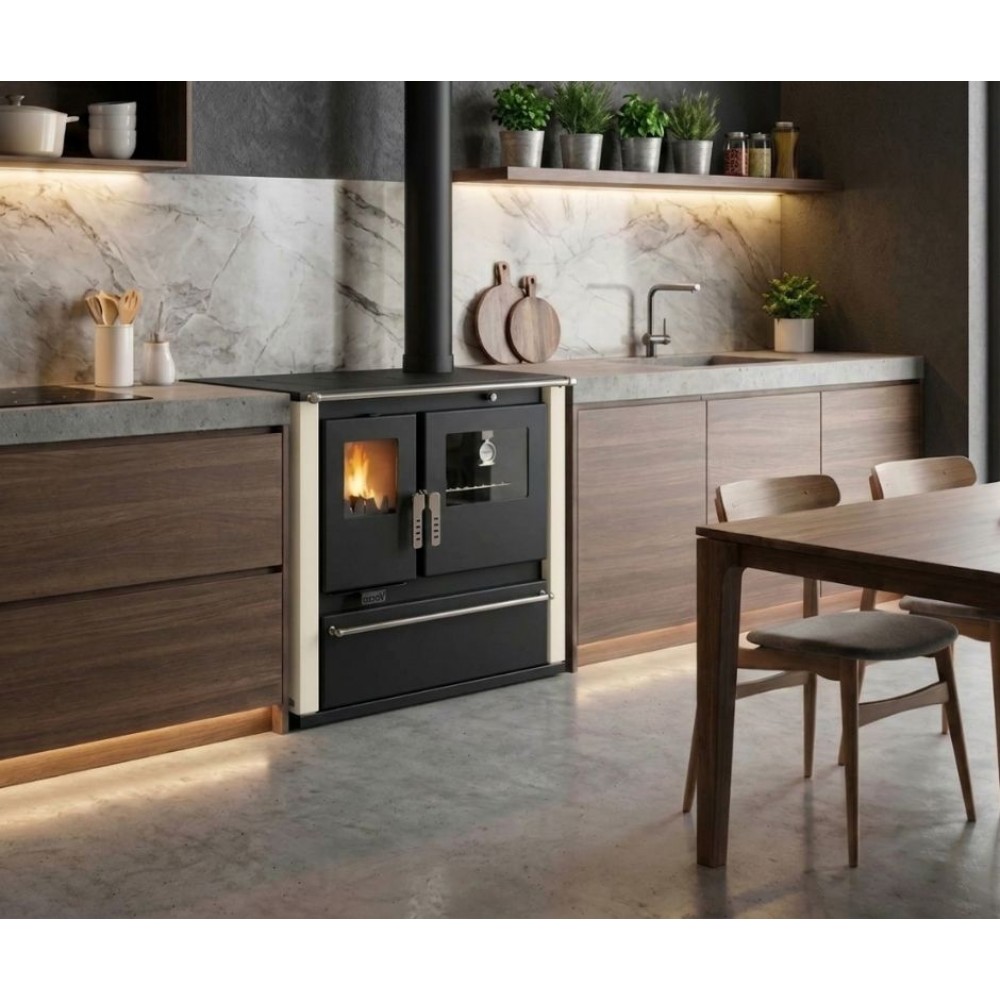 Cucina a Legna Verso CS Plus con forno e piano cottura in acciaio, Avorio, Destra, 7.7kW | Stufe a Legna con Forno | Stufe A Legna |