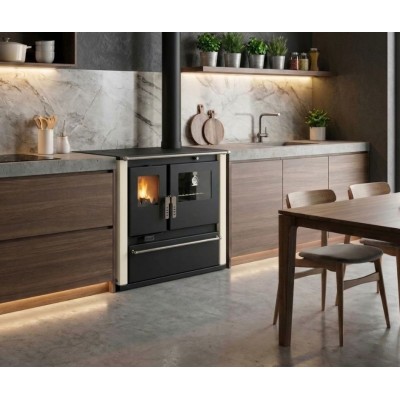 Cucina a Legna Verso CS Plus con forno in acciaio inox e piano cottura in vetroceramica, Avorio, Destra, 7.7kW - Verso
