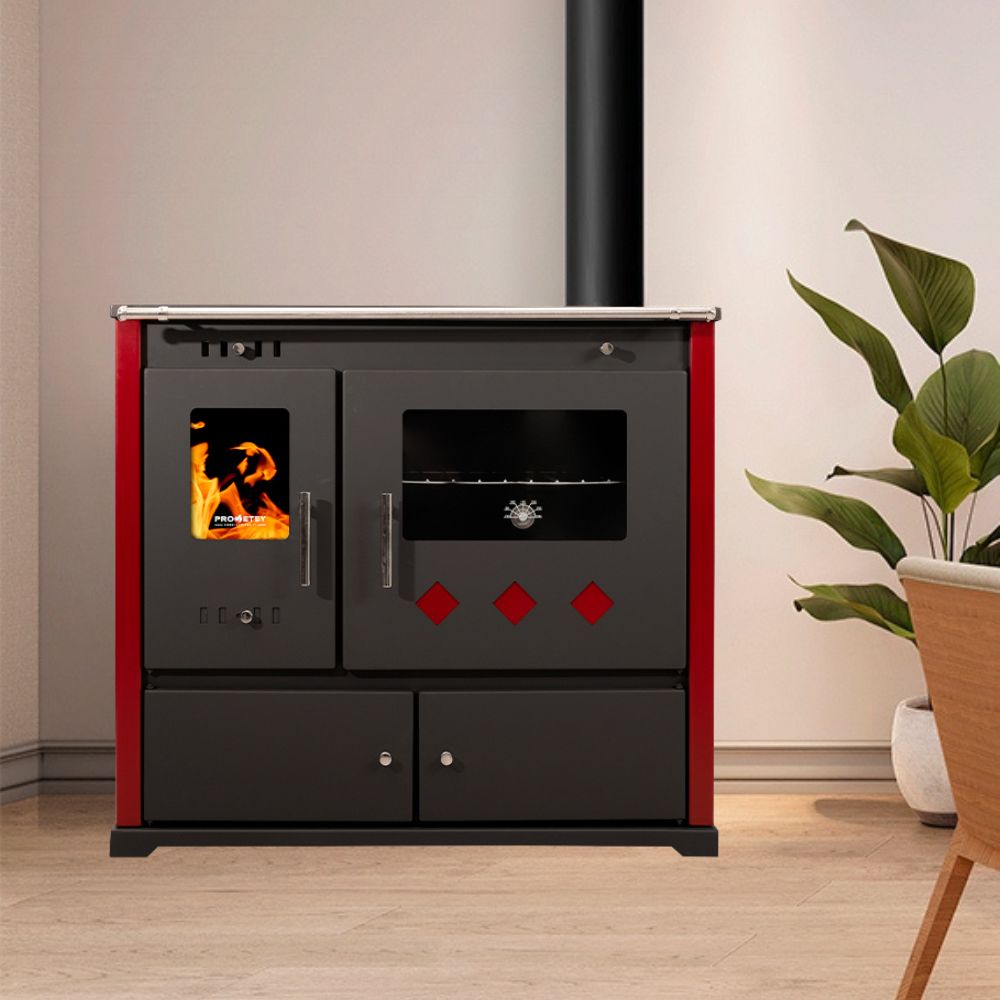 Stufa a legna con forno Prometey Practik Lux con canna fumaria a destra, bordeaux, 9.5kW | Stufe a Legna con Forno | Stufe A Legna |