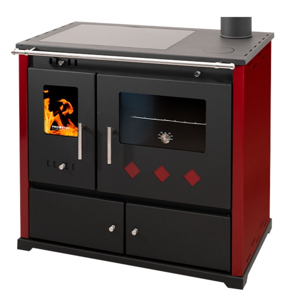 Stufa a legna con forno Prometey Practik Lux con piano cottura in vetroceramica, canna fumaria a destra, bordeaux, 9.5kW | Stufe a Legna con Forno | Stufe A Legna |