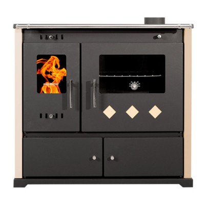 Stufa a legna con forno Prometey Practik Lux con piano cottura in vetroceramica, canna fumaria a destra, avorio, 9.5kW - Prometey