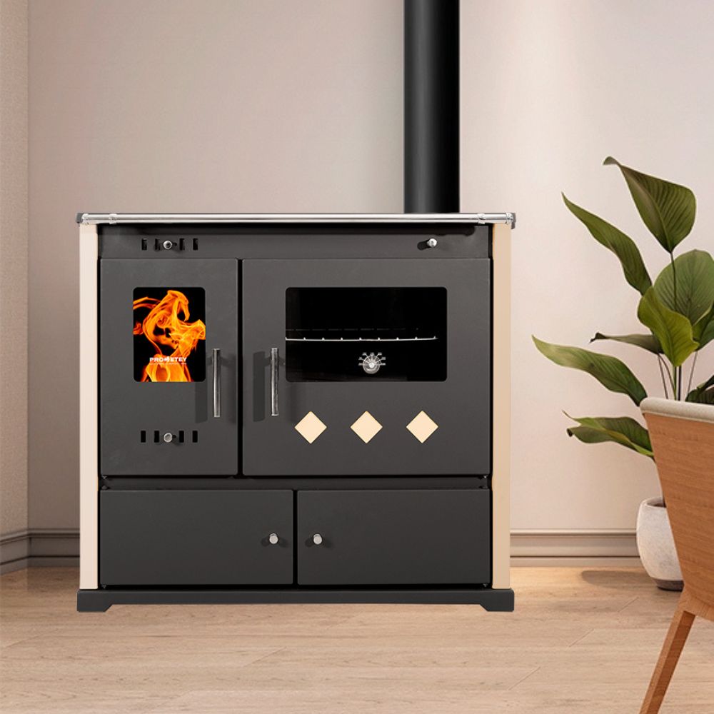 Stufa a legna con forno Prometey Practik Lux con piano cottura in vetroceramica, canna fumaria a destra, avorio, 9.5kW | Stufe a Legna con Forno | Stufe A Legna |