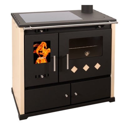 Stufa a legna con forno Prometey Practik Lux con piano cottura in vetroceramica, canna fumaria a destra, avorio, 9.5kW - Prometey