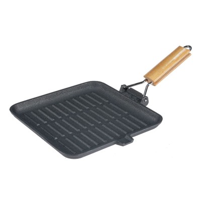Padella grill in ghisa con manico pieghevole in legno, 24x24 cm - Padella per Grigliare in Ghisa
