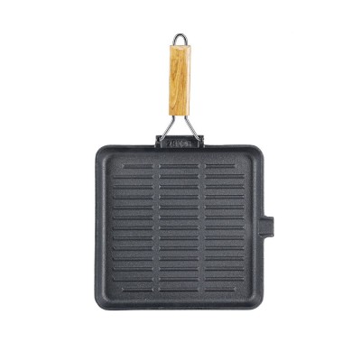 Padella grill in ghisa con manico pieghevole in legno, 24x24 cm - Padella per Grigliare in Ghisa