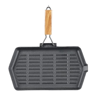 Padella grill in ghisa con manico pieghevole in legno, 35x21 cm - Padella per Grigliare in Ghisa