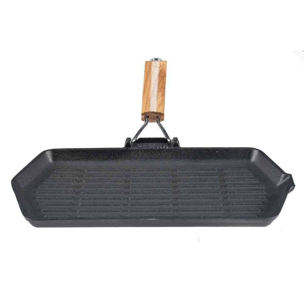 Padella grill in ghisa con manico pieghevole in legno, 35x21 cm | Padella grill in ghisa | Padella in ghisa |