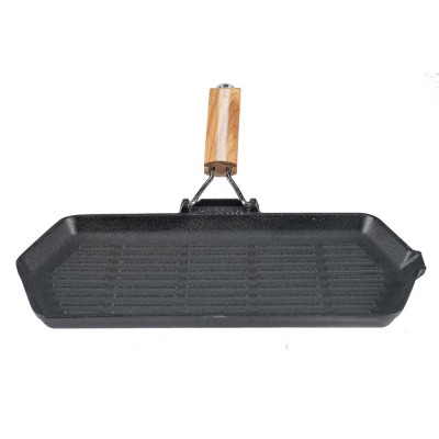 Padella grill in ghisa con manico pieghevole in legno, 35x21 cm - Padella per Grigliare in Ghisa