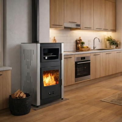 Termostufa a Legna con Forno Velmora Fire ATS HYDRO ΜΑSΙΝΑ 90-25 grigio, 25kW - Termostufe a Legna per Termosifoni