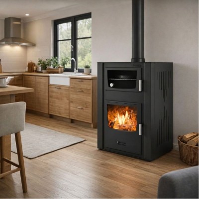 Termostufa a Legna con Forno Velmora Fire ATS HYDRO ΜΑSΙΝΑ 90-30 nera, 35kW - Termostufe a Legna per Termosifoni