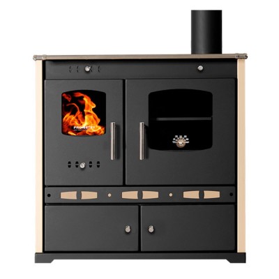 Stufa a legna con forno Prometey Perfect Eco Lux con canna fumaria destra, avorio, 7.5kW - Prometey
