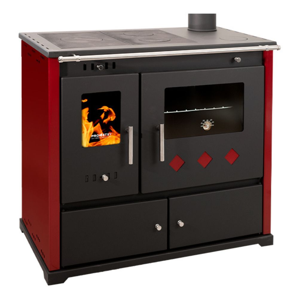 Stufa a legna con forno Prometey Perfect Practik Lux con canna fumaria a destra, bordeaux, 9.5kW | Stufe a Legna con Forno | Stufe A Legna |