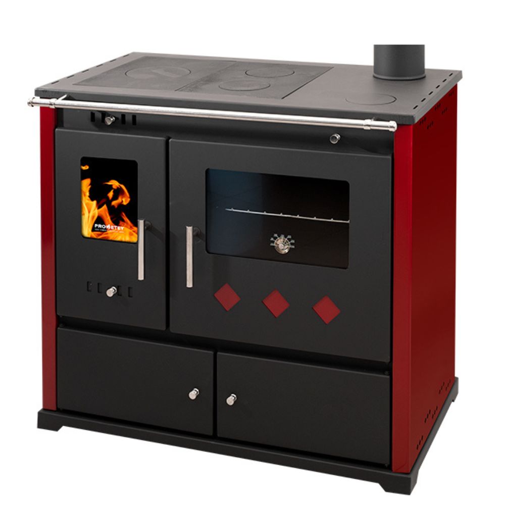 Stufa a legna con forno Prometey Perfect Practik Lux con canna fumaria a destra, bordeaux, 9.5kW | Stufe a Legna con Forno | Stufe A Legna |