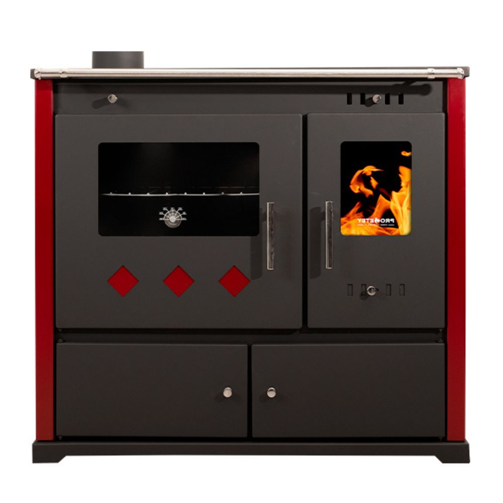 Stufa a legna con forno Prometey Perfect Practik Lux con canna fumaria a sinistra, bordeaux, 9.5kW | Stufe a Legna con Forno | Stufe A Legna |