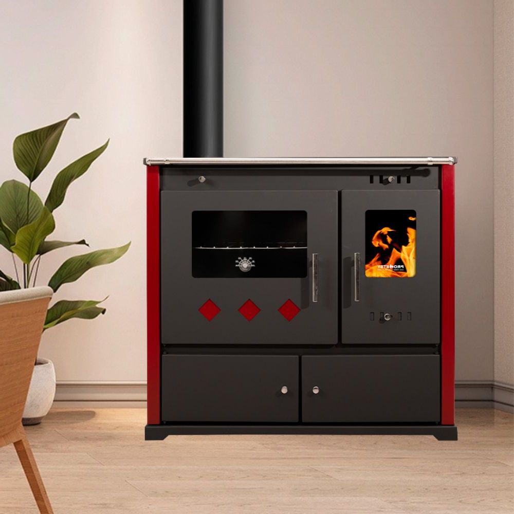 Stufa a legna con forno Prometey Perfect Practik Lux con canna fumaria a sinistra, bordeaux, 9.5kW | Stufe a Legna con Forno | Stufe A Legna |