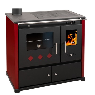 Stufa a legna con forno Prometey Perfect Practik Lux con canna fumaria a sinistra, bordeaux, 9.5kW - Prometey