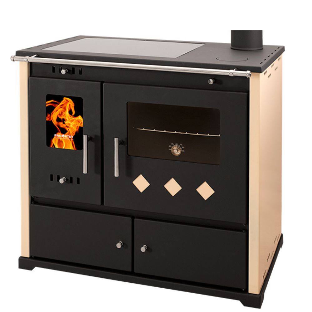 Stufa a legna con forno Prometey Perfect Practik Lux con piano cottura in vetroceramica, canna fumaria a destra, avorio, 9.5kW | Stufe a Legna con Forno | Stufe A Legna |