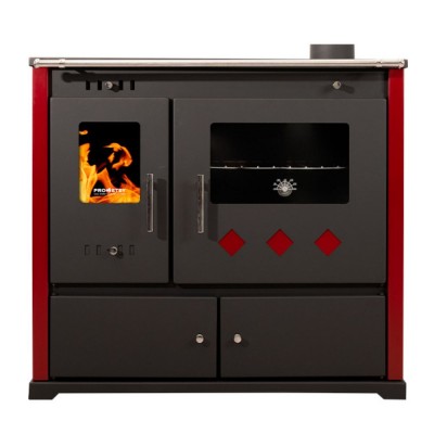 Stufa a legna con forno Prometey Perfect Practik Lux con piano cottura in vetroceramica, canna fumaria a destra, bordeaux, 9.5kW - Prometey