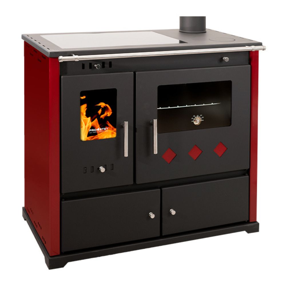 Stufa a legna con forno Prometey Perfect Practik Lux con piano cottura in vetroceramica, canna fumaria a destra, bordeaux, 9.5kW | Stufe a Legna con Forno | Stufe A Legna |
