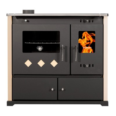 Stufa a legna con forno Prometey Perfect Practik Lux con piano cottura in vetroceramica, scarico a sinistra, avorio, 9.5kW - Prometey