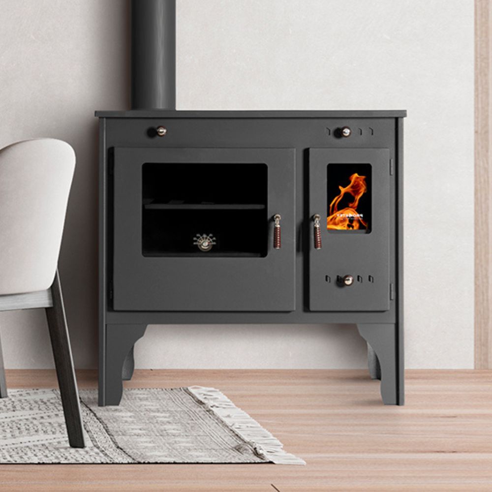 Stufa a legna con forno Prometey Retro Eco con canna fumaria a sinistra, 7kW |  |  |