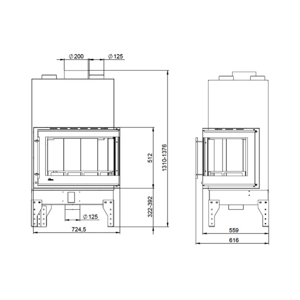 Camini a legna UNIFLAM 760 EVO PBS con condotti d'aria e alimentazione d'aria, vetro curvo, lato sinistro, 10 kW | Inserti Camini | Camini a legna |