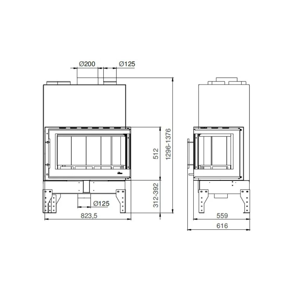 Camini a legna UNIFLAM 860 EVO PBS con condotti d'aria e alimentazione d'aria, lato destro, 15 kW | Inserti Camini | Camini a legna |