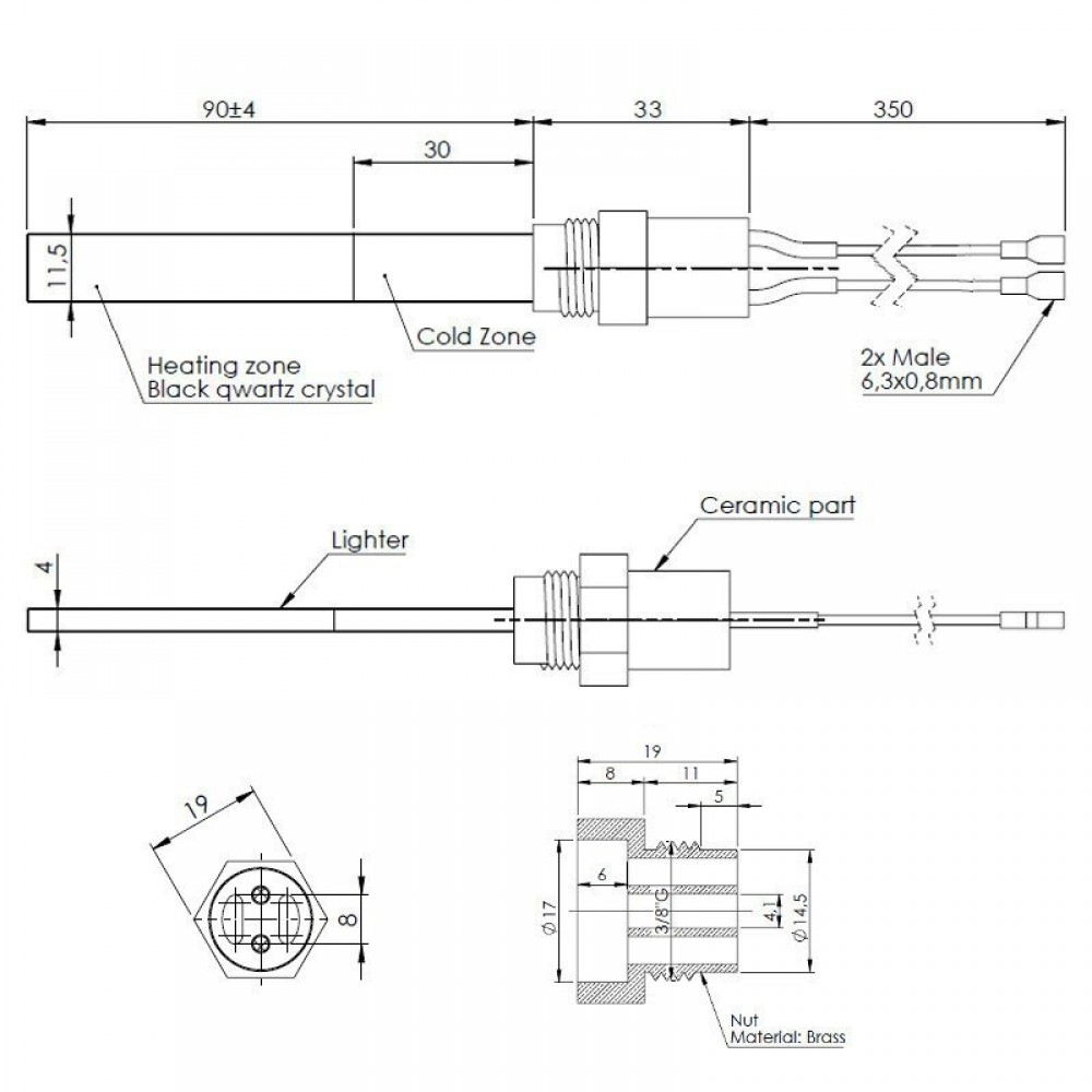 Candeletta accensione in quarzo per stufa a pellet, lunghezza 123mm, 400W | Resistenze per Stufe a Pellet | Pezzi di Ricambio per Stufe a Pellet |